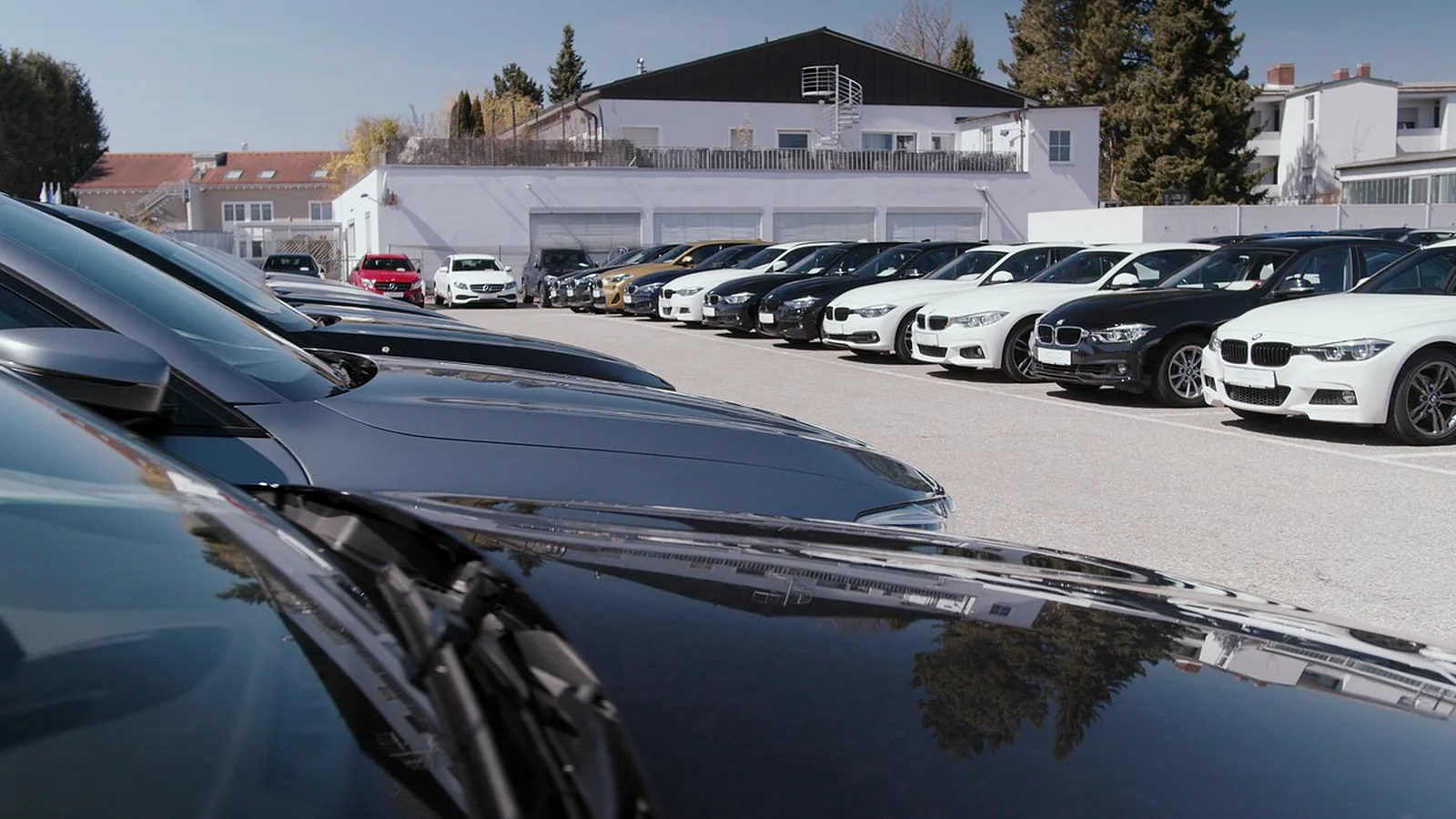 Blick über eine BMW-Motorhaube auf die Fahrzeugreihen des CarCenter Erding